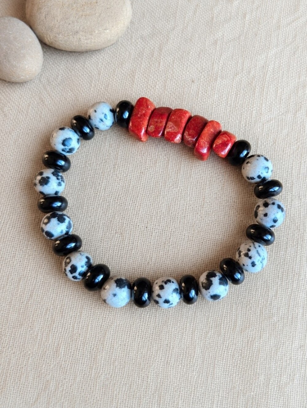Dalmatian Jasper & Red Sponge Chip Beaded Stretch Bracelet | Handmade